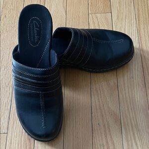 Clarks Black Leather Mules